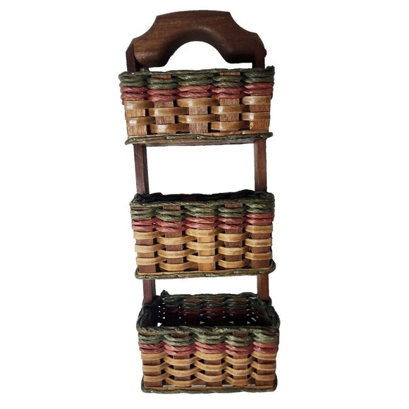Vintage Foxcreek Basket Co Mahogany Wood Wicker 3 Tier Wall Mail Organizer - Picture 1 of 13